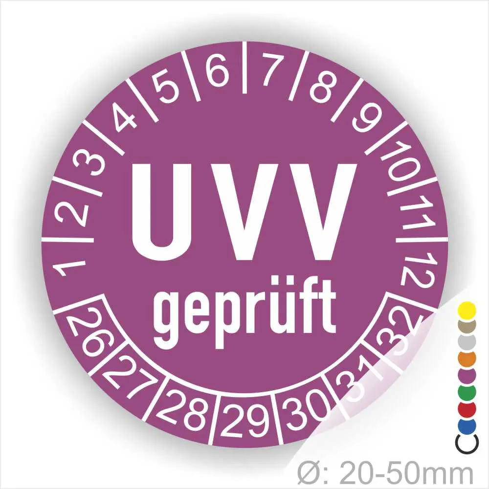 UVV geprüft Prüfplakette lila rund mit Monats- und Jahresanzeige zur Kennzeichnung des nächsten UVV-Prüftermins – selbstklebender Prüfaufkleber Ø 20–50 mm