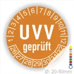UVV geprüft Prüfplakette orange rund mit Monats- und Jahresanzeige zur Kennzeichnung des nächsten UVV-Prüftermins – selbstklebender Prüfaufkleber Ø 20–50 mm