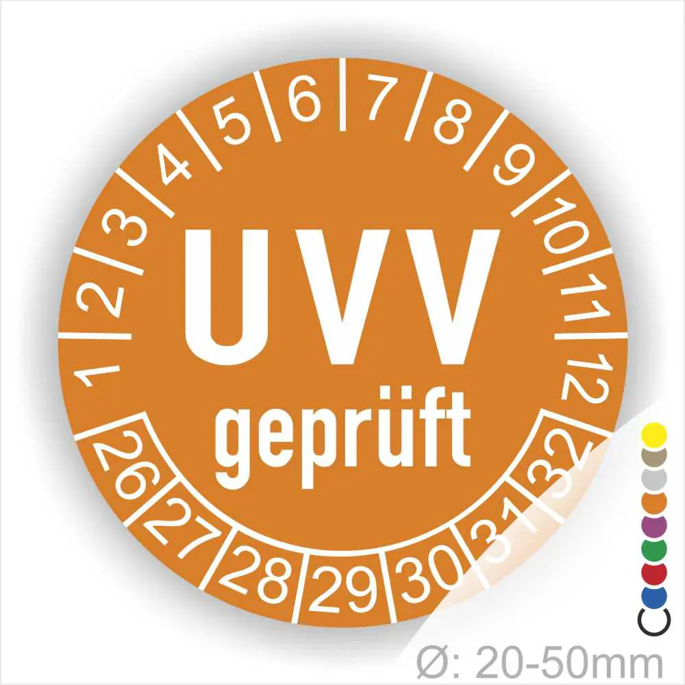 UVV geprüft Prüfplakette orange rund mit Monats- und Jahresanzeige zur Kennzeichnung des nächsten UVV-Prüftermins – selbstklebender Prüfaufkleber Ø 20–50 mm