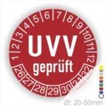 UVV geprüft Prüfplakette rot rund mit Monats- und Jahresanzeige zur Kennzeichnung des nächsten UVV-Prüftermins – selbstklebender Prüfaufkleber Ø 20–50 mm
