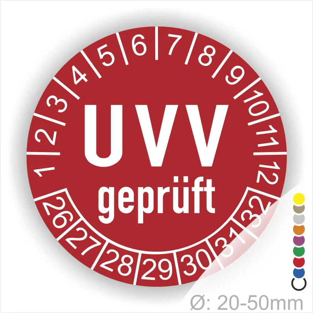 UVV geprüft Prüfplakette rot rund mit Monats- und Jahresanzeige zur Kennzeichnung des nächsten UVV-Prüftermins – selbstklebender Prüfaufkleber Ø 20–50 mm