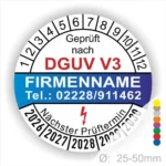 Prüfzertifikat nach DGUV V3 mit Platz für Firmennamen und Kontaktnummer, zeigt nächsten Prüftermin und ist für Durchmesser von 25-50 mm geeignet.
