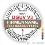 Prüfsiegel nach DGUV V3 mit Platz für Firmenname und Kontaktnummer, zeigt den nächsten Prüftermin sowie einen Durchmesser von 25-50 mm.