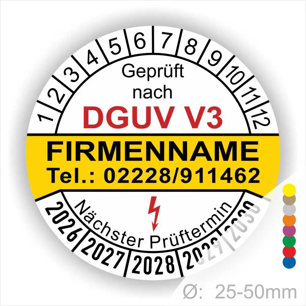Prüfzertifikat nach DGUV V3 mit Platz für Firmennamen und Kontaktdaten. Zeigt den nächsten Prüftermin und ist geeignet für Durchmesser von 25-50 mm.