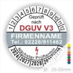Sicherheitsprüfsiegel nach DGUV V3 mit Platz für Firmenname und Kontaktnummer. Das Siegel zeigt den nächsten Prüftermin und hat eine Größe von 25-50 mm.