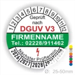 Prüfzertifikat gemäß DGUV V3 mit Platz für Firmenname und Kontaktdaten. Zeigt den nächsten Prüftermin sowie die Jahre 2026 bis 2030 an. Ideal für Sicherheitsprüfungen von Geräten und Maschinen.