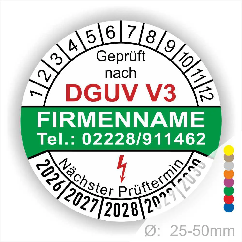 Prüfzertifikat gemäß DGUV V3 mit Platz für Firmenname und Kontaktdaten. Zeigt den nächsten Prüftermin sowie die Jahre 2026 bis 2030 an. Ideal für Sicherheitsprüfungen von Geräten und Maschinen.