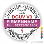 Prüfsiegel nach DGUV V3 mit Platz für Firmenname und Kontaktdaten, zeigt nächsten Prüftermin zwischen 2026 und 2030. Ideal für Sicherheitsüberprüfungen. Durchmesser von 25-50mm.