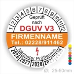 Prüfplakette nach DGUV V3 mit Firmenname und Kontaktdaten, zeigt den nächsten Prüftermin sowie die Größenangabe von 25-50mm.