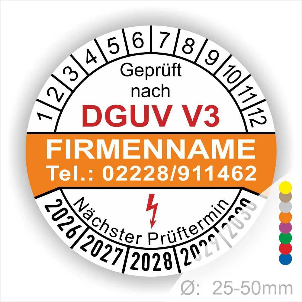 Prüfplakette nach DGUV V3 mit Firmenname und Kontaktdaten, zeigt den nächsten Prüftermin sowie die Größenangabe von 25-50mm.