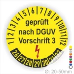 Prüfplakette rund mit Text geprüft nach Dguv Vorschrift 3 danach Elektropfeil in rot. Plaketten Farbe-gelb und Text in schwarz. Monatszahlen oben und Jahreszahlen unten beginnend mit Startjahr- 2026