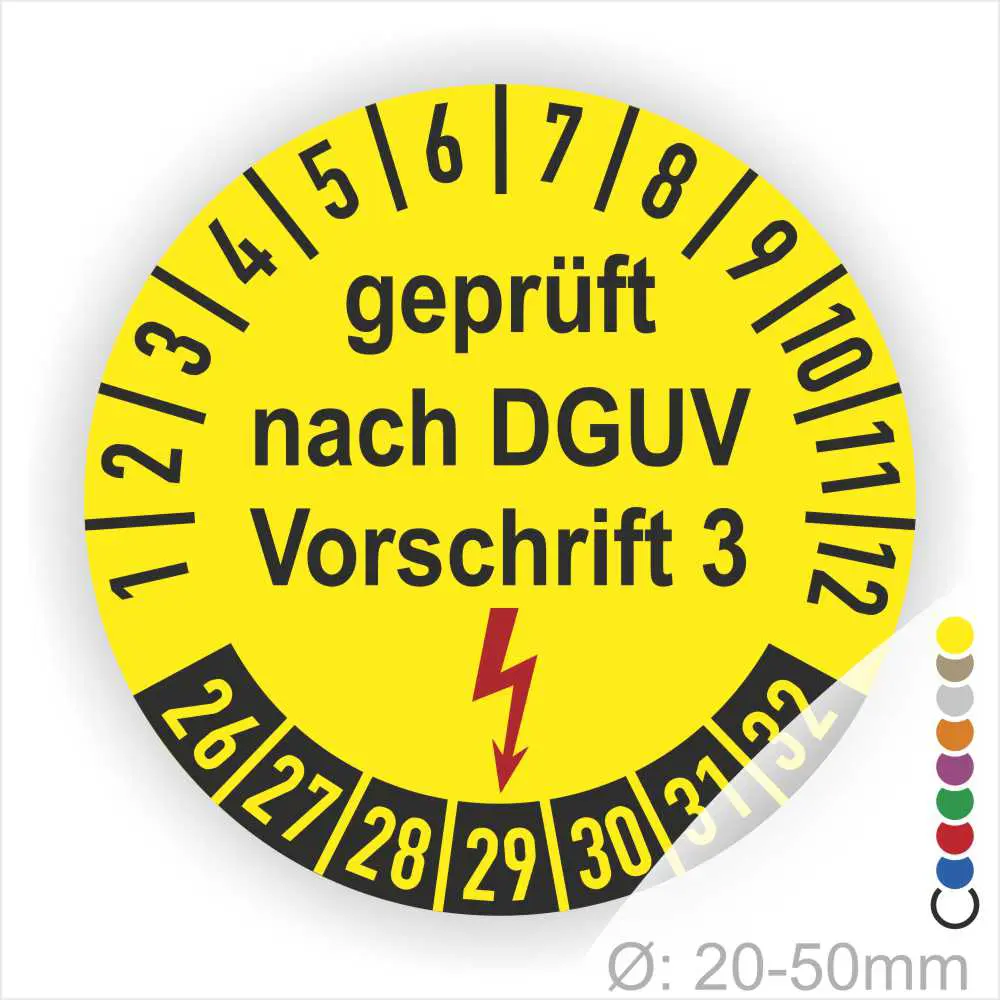 Prüfplakette rund mit Text geprüft nach Dguv Vorschrift 3 danach Elektropfeil in rot. Plaketten Farbe-gelb und Text in schwarz. Monatszahlen oben und Jahreszahlen unten beginnend mit Startjahr- 2026