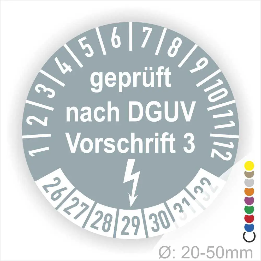 Prüfsiegel nach DGUV Vorschrift 3, zeigt den Durchmesserbereich von 20-50 mm, mit einer Blitzsymbolik zur Kennzeichnung der elektrischen Sicherheit.