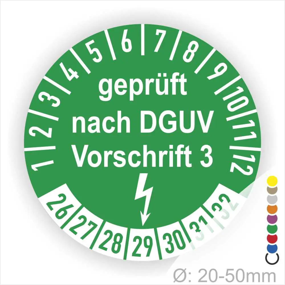 Grünes Prüfzeichen nach DGUV Vorschrift 3, Durchmesser 20-50mm, mit Zahlen von 1 bis 12 und Sicherheitsblitzsymbol, zur Kennzeichnung geprüfter Geräte.