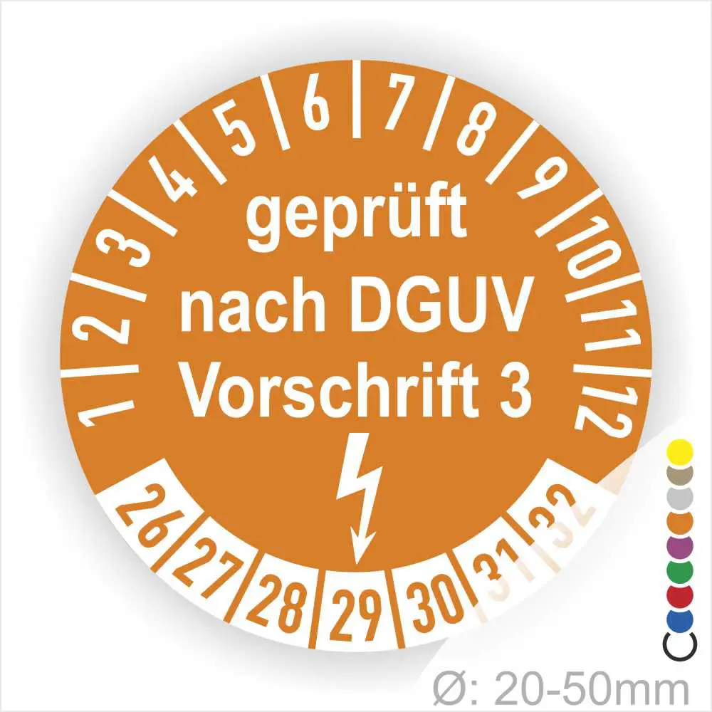 Rundes Prüfzeichen in Orange mit der Aufschrift "geprüft nach DGUV Vorschrift 3" und einer Zahlenreihe von 1 bis 32, geeignet für Geräte mit einem Durchmesser von 20-50 mm.