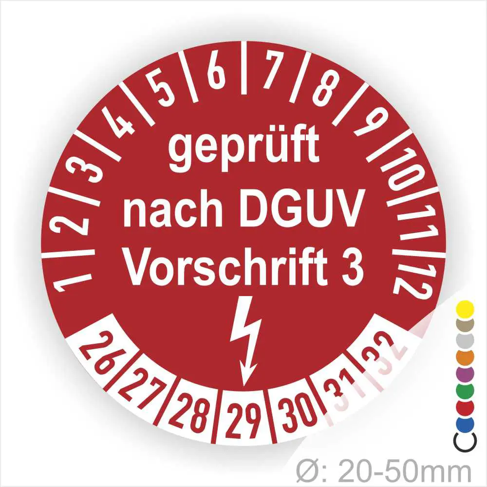 Runder Prüfaufkleber in Rot mit der Aufschrift "geprüft nach DGUV Vorschrift 3", der die Prüfintervalle von 1 bis 12 und die Zahlen 26 bis 32 zeigt. Der Durchmesser beträgt 20-50 mm und enthält ein Blitzsymbol für elektrische Sicherheit.