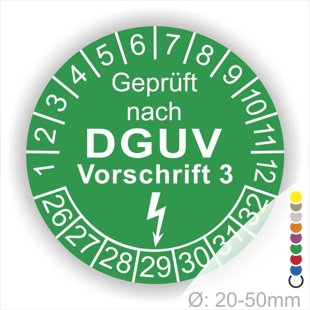 Grünes Prüfsiegel mit der Aufschrift "Geprüft nach DGUV Vorschrift 3", das die Sicherheitsüberprüfung von Geräten im Durchmesserbereich von 20-50 mm kennzeichnet.