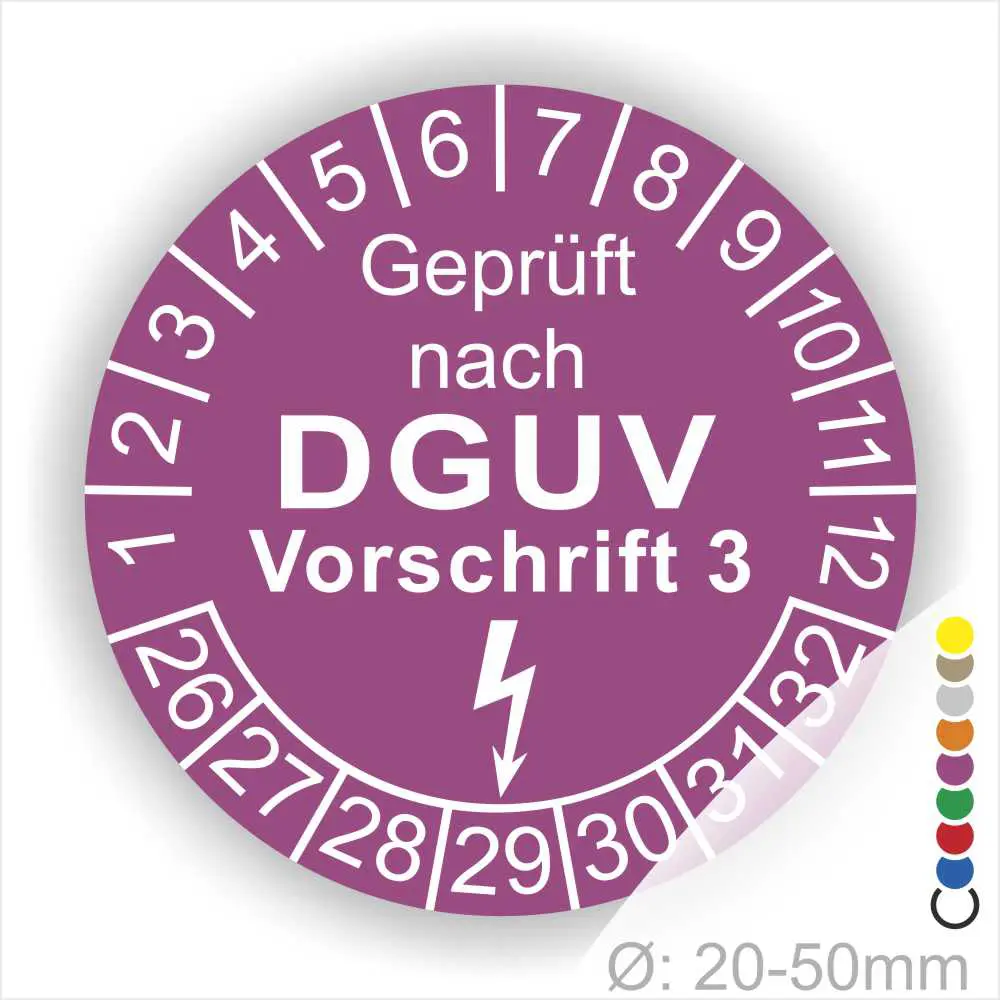 Alt-Text: Prüfplakette für elektrische Geräte, geprüft nach DGUV Vorschrift 3, mit einer Skala von 1 bis 12 und einem Durchmesser von 20-50 mm.