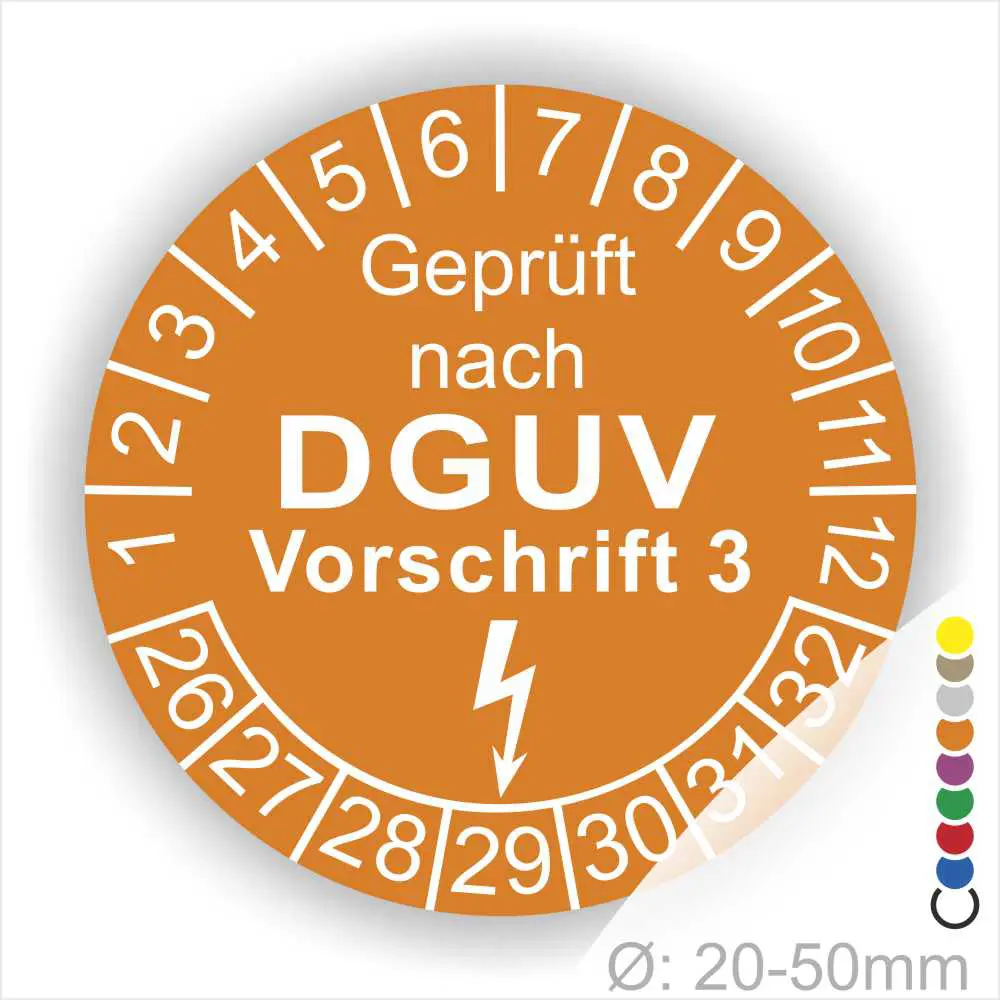Prüfzertifikat nach DGUV Vorschrift 3 auf einem orangefarbenen Aufkleber, Durchmesser 20-50 mm, mit Prüfnummern von 1 bis 30 und einem Blitzsymbol.