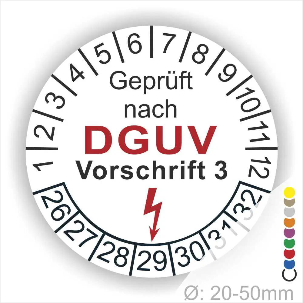 Prüfsiegel für elektrische Geräte, geprüft nach DGUV Vorschrift 3, mit Zahlen von 1 bis 12 und einem Blitzsymbol, Durchmesser 20-50 mm.