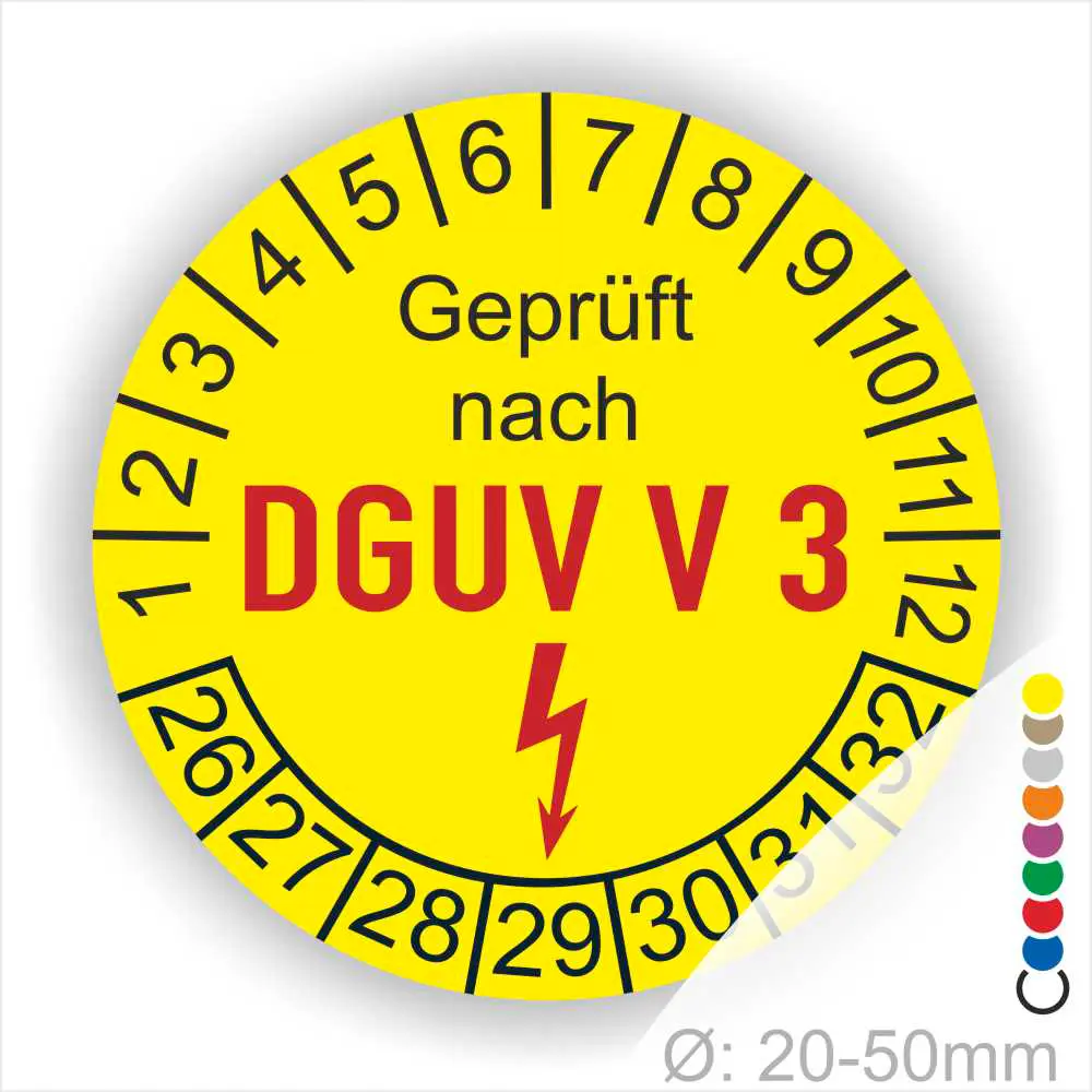 Prüfplakette rund mit Text geprüft nach DGUV V 3 danach Elektropfeil und Text Nächster Prüftermin. Plaketten Farbe- Gelb und Text in Schwarz- Rot. Monatszahlen oben und Jahreszahlen unten beginnend mit Startjahr- 26. Durchmesser 20-50mm frei wählbar.