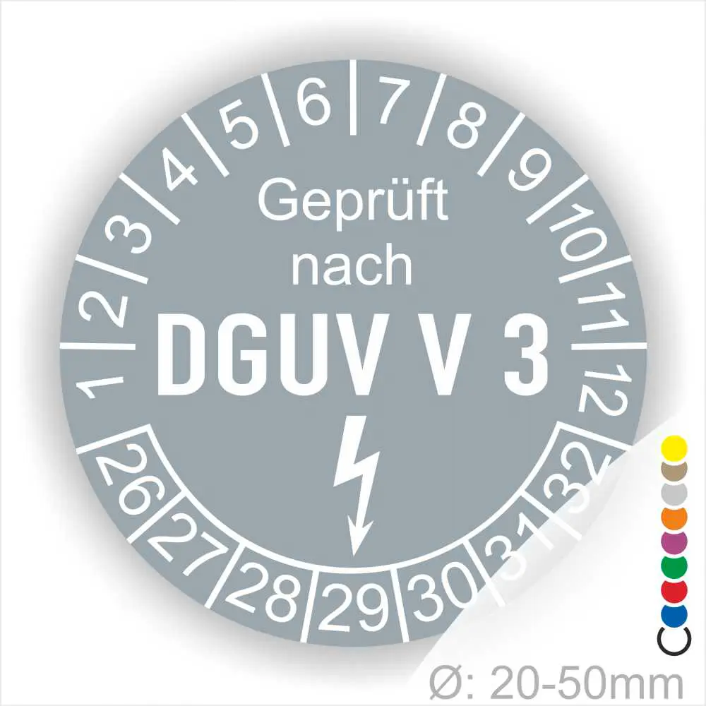 Prüfsiegel nach DGUV V3 für elektrische Geräte mit einem Durchmesser von 20-50 mm, zeigt Sicherheitsstandards und Überprüfungsdatum.