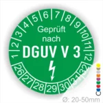Grünes Prüfzeichen gemäß DGUV V3 für Geräte mit einem Durchmesser von 20-50 mm, zeigt die Anzahl der Prüfintervalle an.