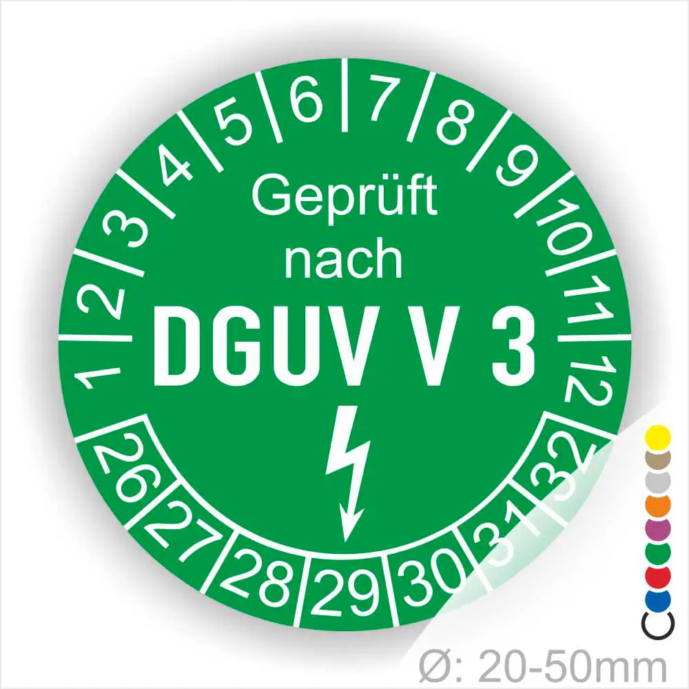 Grünes Prüfzeichen gemäß DGUV V3 für Geräte mit einem Durchmesser von 20-50 mm, zeigt die Anzahl der Prüfintervalle an.
