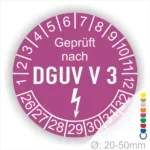 Prüfsiegel nach DGUV V3 in lila, mit Zahlen von 1 bis 32, zeigt Sicherheitsüberprüfung für Geräte mit einem Durchmesser von 20-50 mm.
