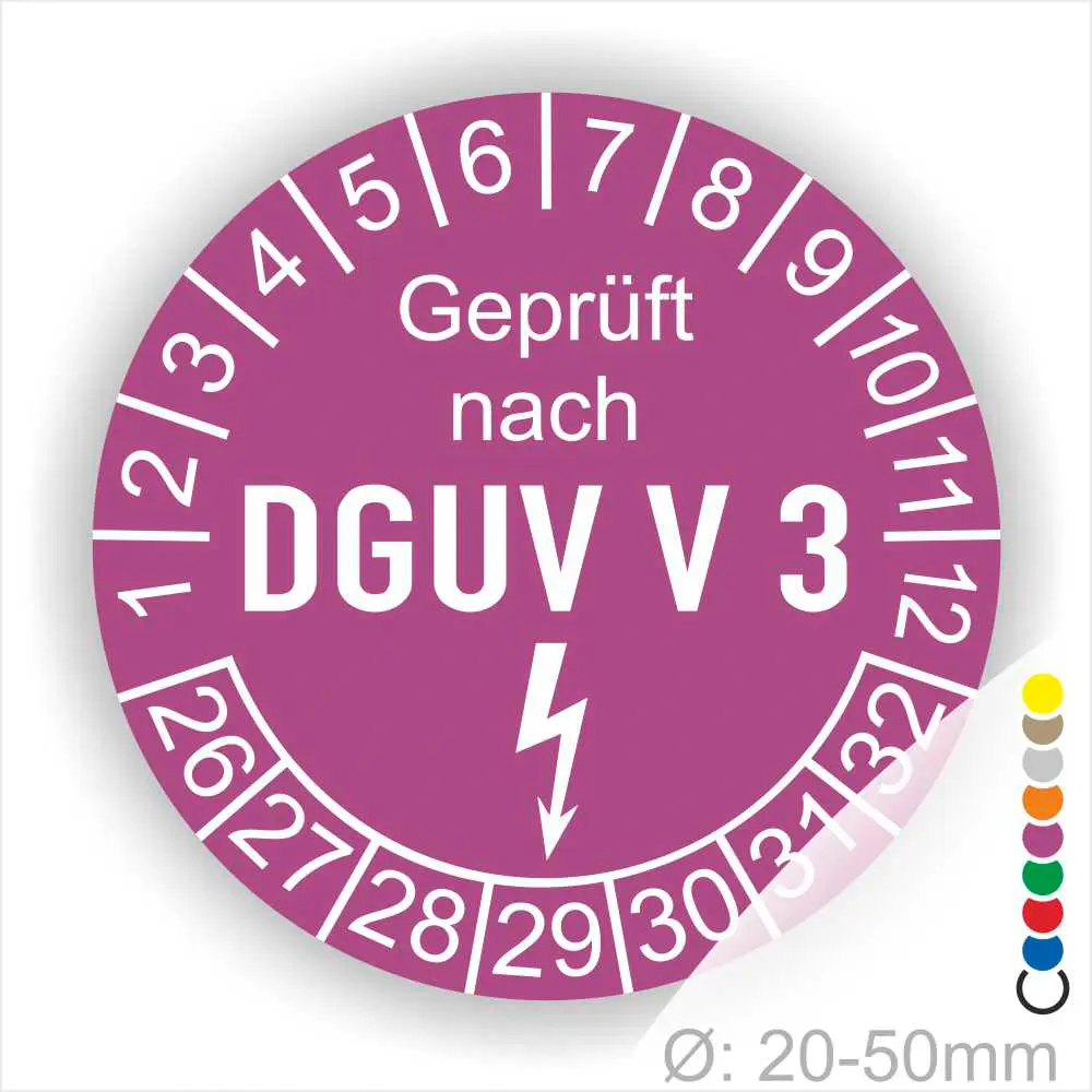 Prüfsiegel nach DGUV V3 in lila, mit Zahlen von 1 bis 32, zeigt Sicherheitsüberprüfung für Geräte mit einem Durchmesser von 20-50 mm.