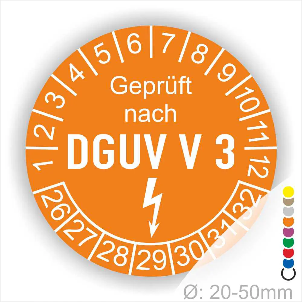 Prüfsiegel DGUV V3 auf orangefarbener Plakette mit Zahlen von 1 bis 30 und Symbol für elektrische Sicherheit; geeignet für Durchmesser von 20-50 mm.