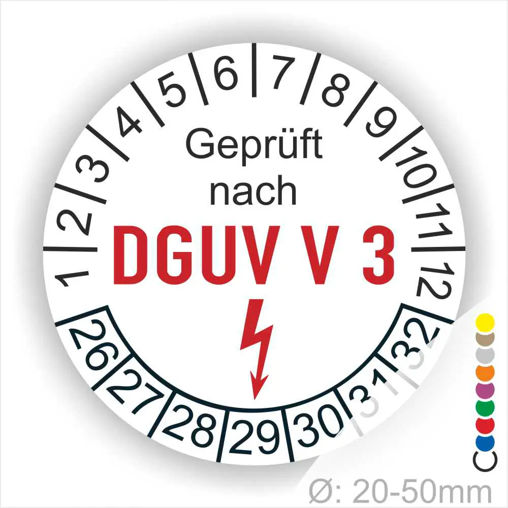 Prüfzertifikat nach DGUV V3 für elektrische Geräte, zeigt Prüfdatum und Messbereich von 20-50 mm.