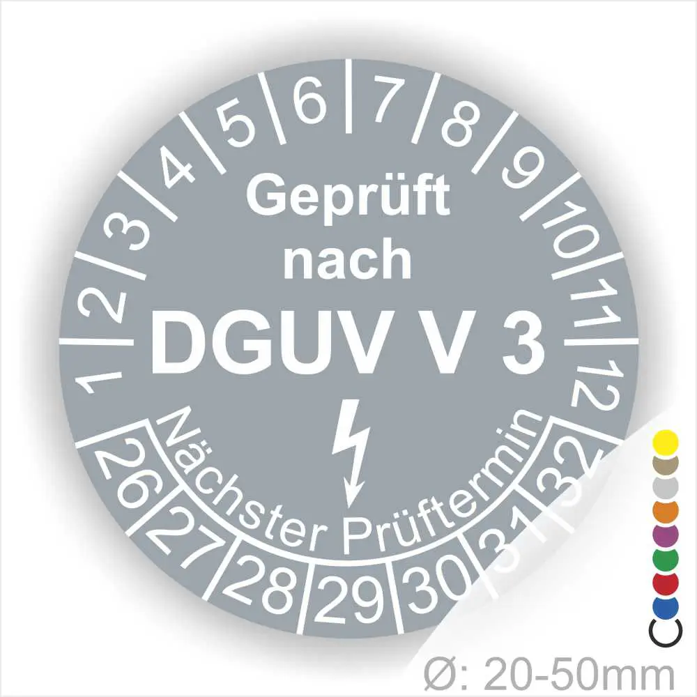 Prüfsiegel für elektrische Geräte, geprüft nach DGUV V3, mit Angabe des nächsten Prüftermins. Durchmesser: 20-50 mm.