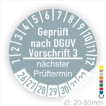 Prüfzertifikat nach DGUV Vorschrift 3 mit nächstem Prüftermin, geeignet für Geräte mit einem Durchmesser von 20-50 mm.