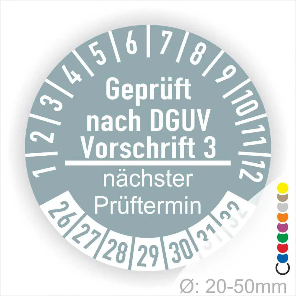Prüfzertifikat nach DGUV Vorschrift 3 mit nächstem Prüftermin, geeignet für Geräte mit einem Durchmesser von 20-50 mm.