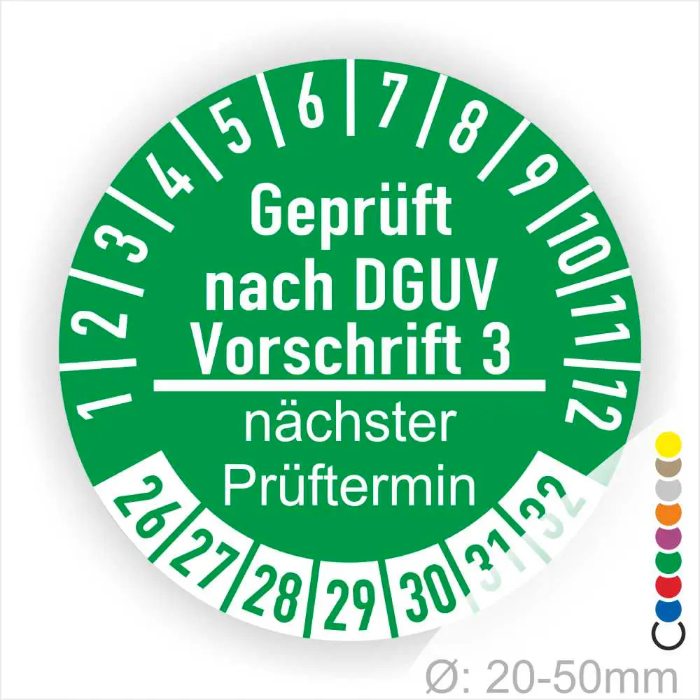 Grüne Prüfplakette nach DGUV Vorschrift 3 mit Angabe des nächsten Prüftermins, Durchmesser 20-50 mm.