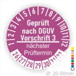 Prüfziffernblatt für DGUV Vorschrift 3 mit nächstem Prüftermin, farbiges Design für die Kennzeichnung von Prüfintervallen, geeignet für Objekte mit einem Durchmesser von 20-50 mm.