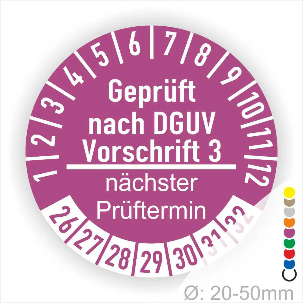 Prüfziffernblatt für DGUV Vorschrift 3 mit nächstem Prüftermin, farbiges Design für die Kennzeichnung von Prüfintervallen, geeignet für Objekte mit einem Durchmesser von 20-50 mm.