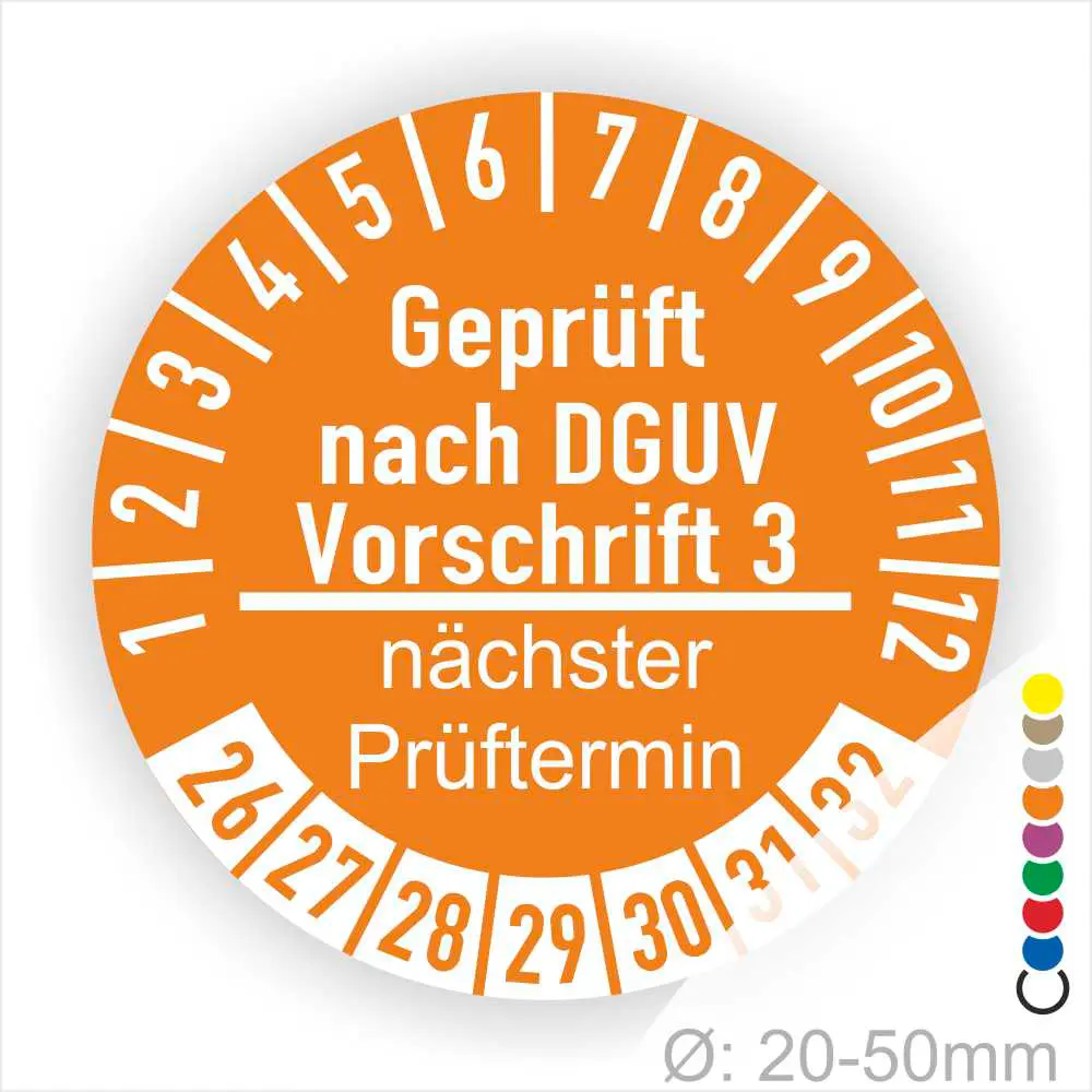 Prüfziffernkarte für DGUV Vorschrift 3, orange, mit nächstem Prüftermin und Durchmesserangabe von 20-50 mm.