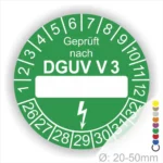 Grüner Prüfaufkleber nach DGUV V3 für elektrische Geräte, mit Platz für das Prüfdatum und einem Durchmesser von 20-50 mm.