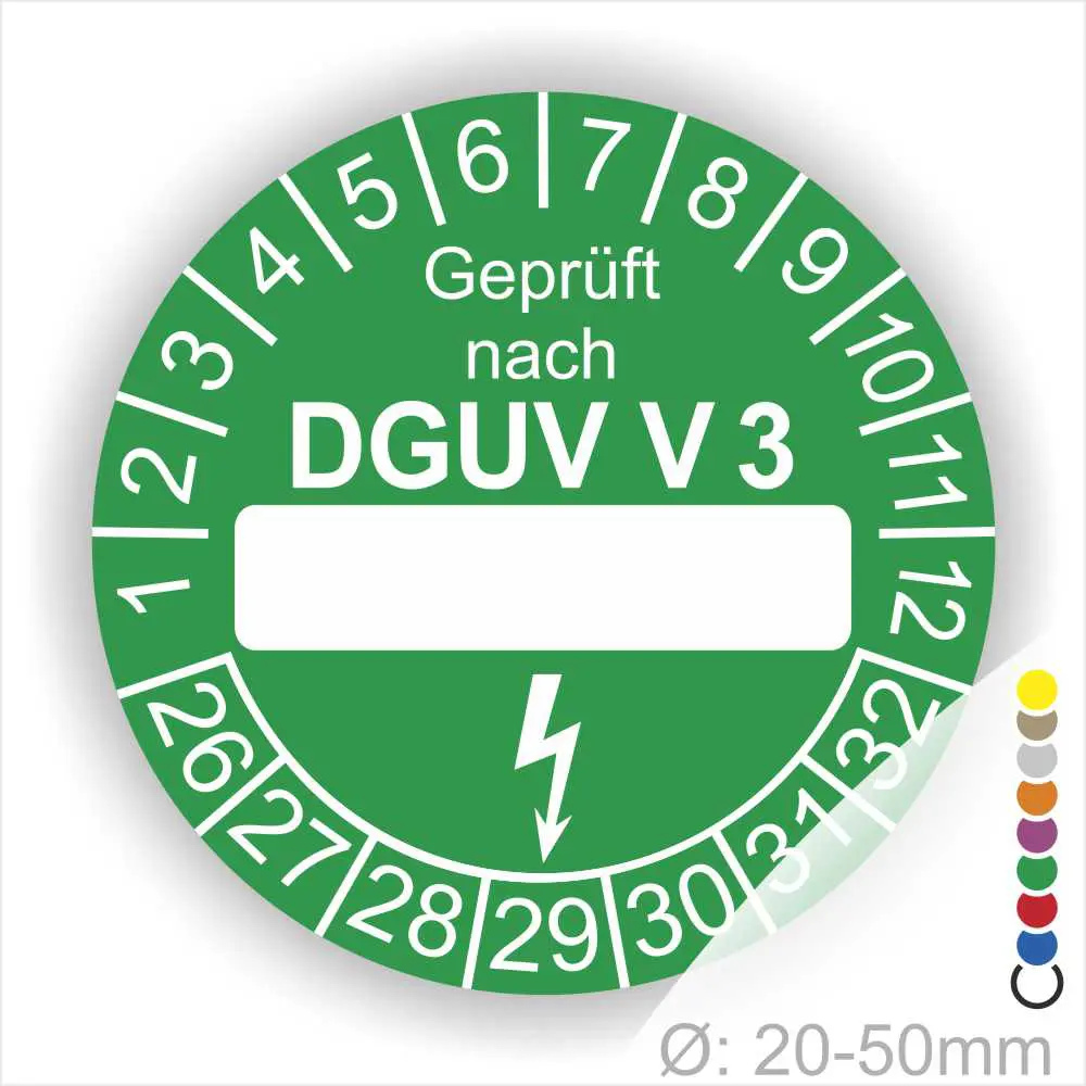 Grüner Prüfaufkleber nach DGUV V3 für elektrische Geräte, mit Platz für das Prüfdatum und einem Durchmesser von 20-50 mm.
