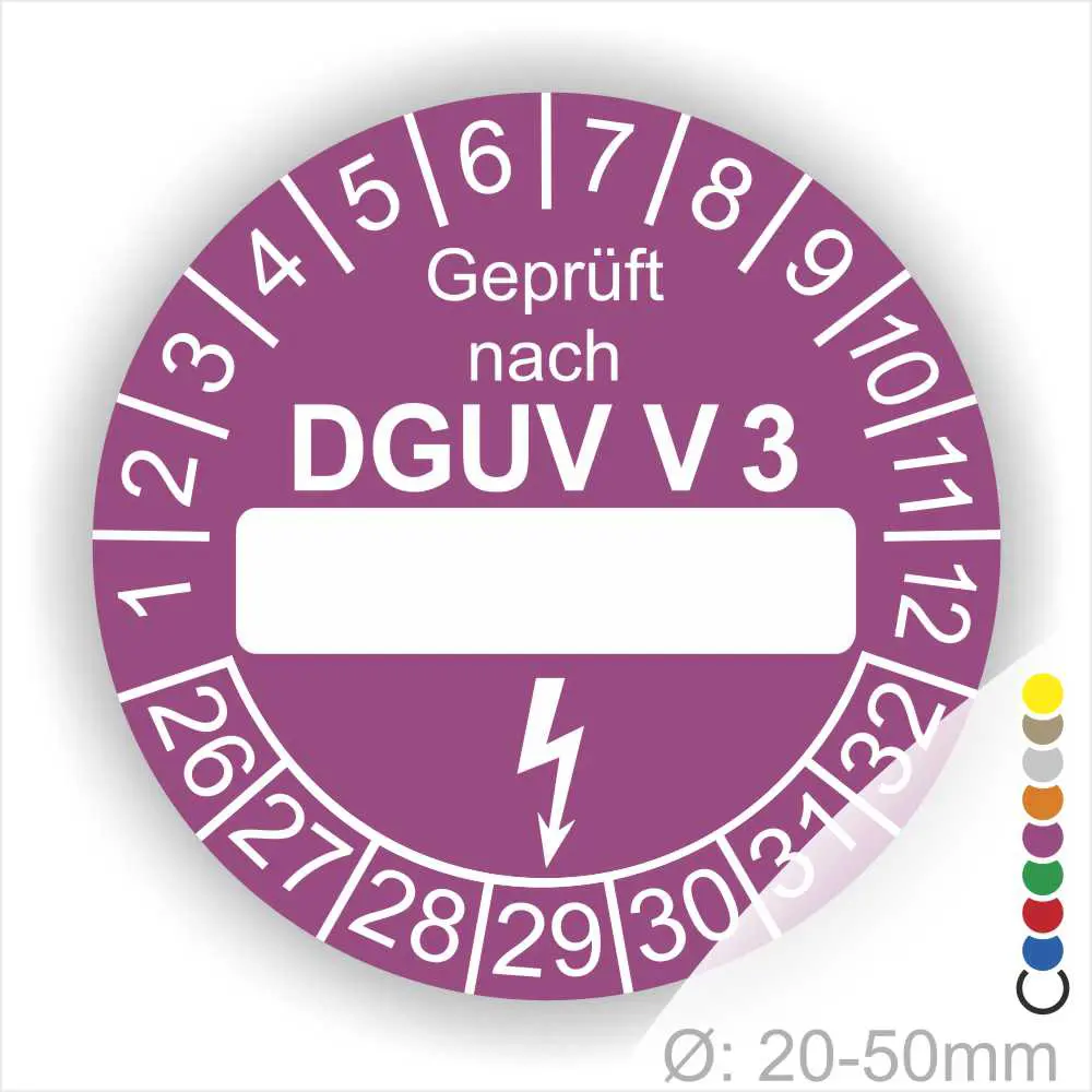 Prüfzertifikat DGUV V3 für elektrische Geräte, lila Prüfaufkleber mit Platz für das Prüfdatum, Durchmesser 20-50 mm, nummerierte Skala von 1 bis 32.