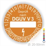 Bild eines orangefarbenen Prüfaufklebers nach DGUV V3, der zur Kennzeichnung von elektrischen Geräten dient. Der Aufkleber enthält eine leere Zeile für das Prüfdatum und ist für Geräte mit einem Durchmesser von 20-50 mm geeignet.