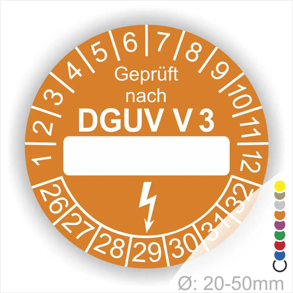 Bild eines orangefarbenen Prüfaufklebers nach DGUV V3, der zur Kennzeichnung von elektrischen Geräten dient. Der Aufkleber enthält eine leere Zeile für das Prüfdatum und ist für Geräte mit einem Durchmesser von 20-50 mm geeignet.