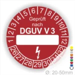 Roter Prüfaufkleber mit der Aufschrift "Geprüft nach DGUV V3", der für die Sicherheitsprüfung von elektrischen Geräten verwendet wird. Der Aufkleber hat Platz für das Prüfdatum und ist für Geräte mit einem Durchmesser von 20-50 mm geeignet.