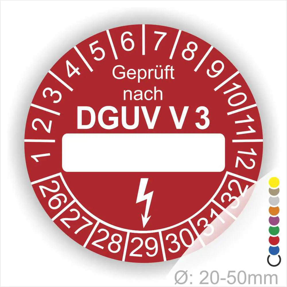 Roter Prüfaufkleber mit der Aufschrift "Geprüft nach DGUV V3", der für die Sicherheitsprüfung von elektrischen Geräten verwendet wird. Der Aufkleber hat Platz für das Prüfdatum und ist für Geräte mit einem Durchmesser von 20-50 mm geeignet.