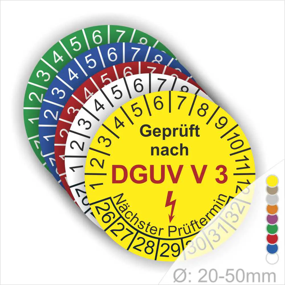 DGUV V3 Prüfplaketten rund mit Monats- und Jahresanzeige – farbige Prüfetiketten für Elektrogeräte, geprüft nach DGUV Vorschrift 3