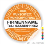 Runder Prüfaufkleber mit Platz für Logo, Wunschtext und Prüfdaten. Enthält Firmenname, Telefonnummer, Adresse und nächsten Prüftermin. Durchmesser von 25-50 mm. Ideal für die Kennzeichnung von Prüfungen und Wartungen.