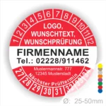Rundes Prüfetikett mit Platz für Logo, Wunschtext und Prüfungsdaten, einschließlich Firmennamen und Kontaktdaten. Ideal für Sicherheitsprüfungen, Durchmesser zwischen 25-50 mm, farblich anpassbar.