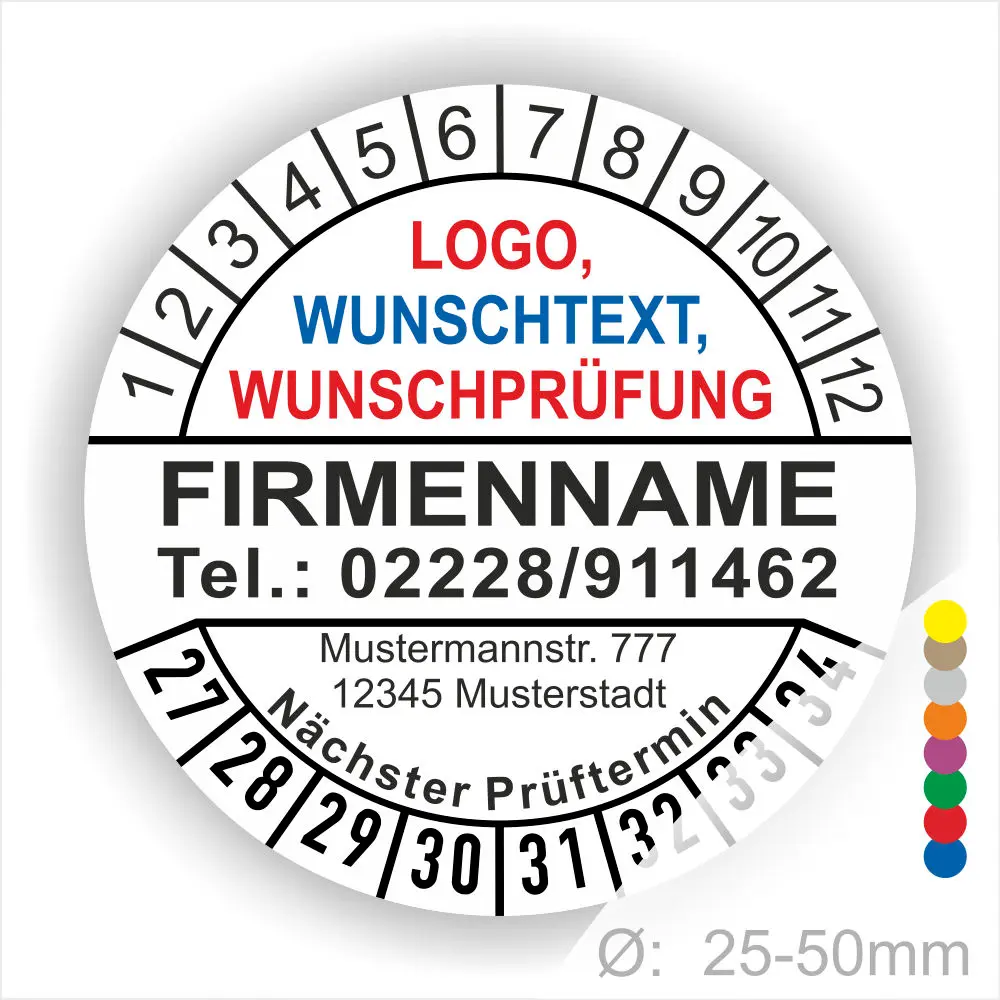Rundetikett mit Platz für Logo, Wunschtext und Prüfungsdatum, inklusive Kontaktdaten und Adresse. Geeignet für Prüfungen im Durchmesser von 25-50 mm.